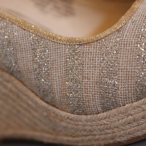 Nine West Sz 10 Espadrille Wedge Silver Metallic Stripe Gold Trim Textile Upper - Picture 14 of 16